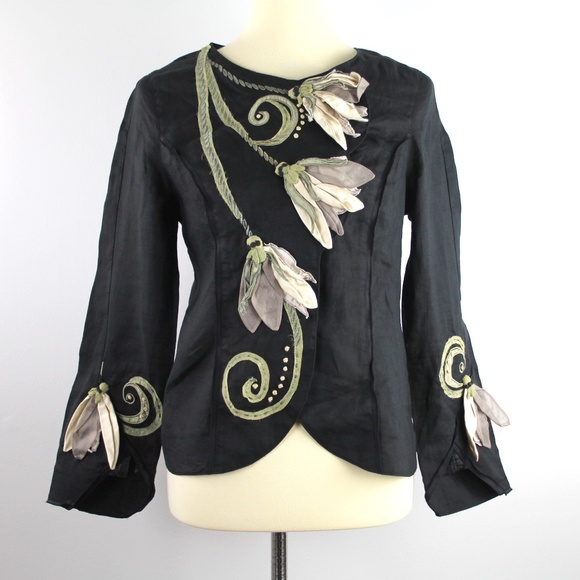 CoVelo Jackets & Coats Covelo Art To Wear Black Linen Silk Trim Blazer Jacket Applique